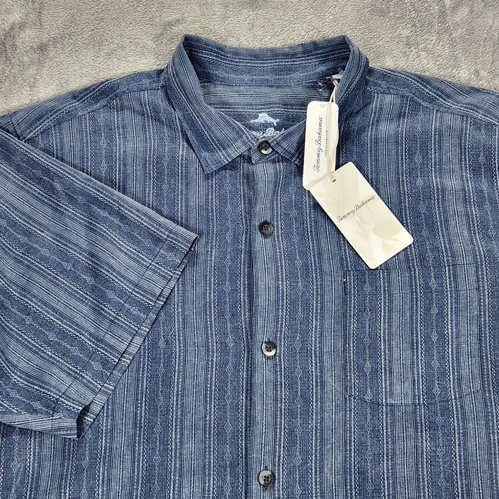 Tommy Bahama Shirt Mens 2XL Blue Silk San Ramone Stripe Short Sleeve Button Up
